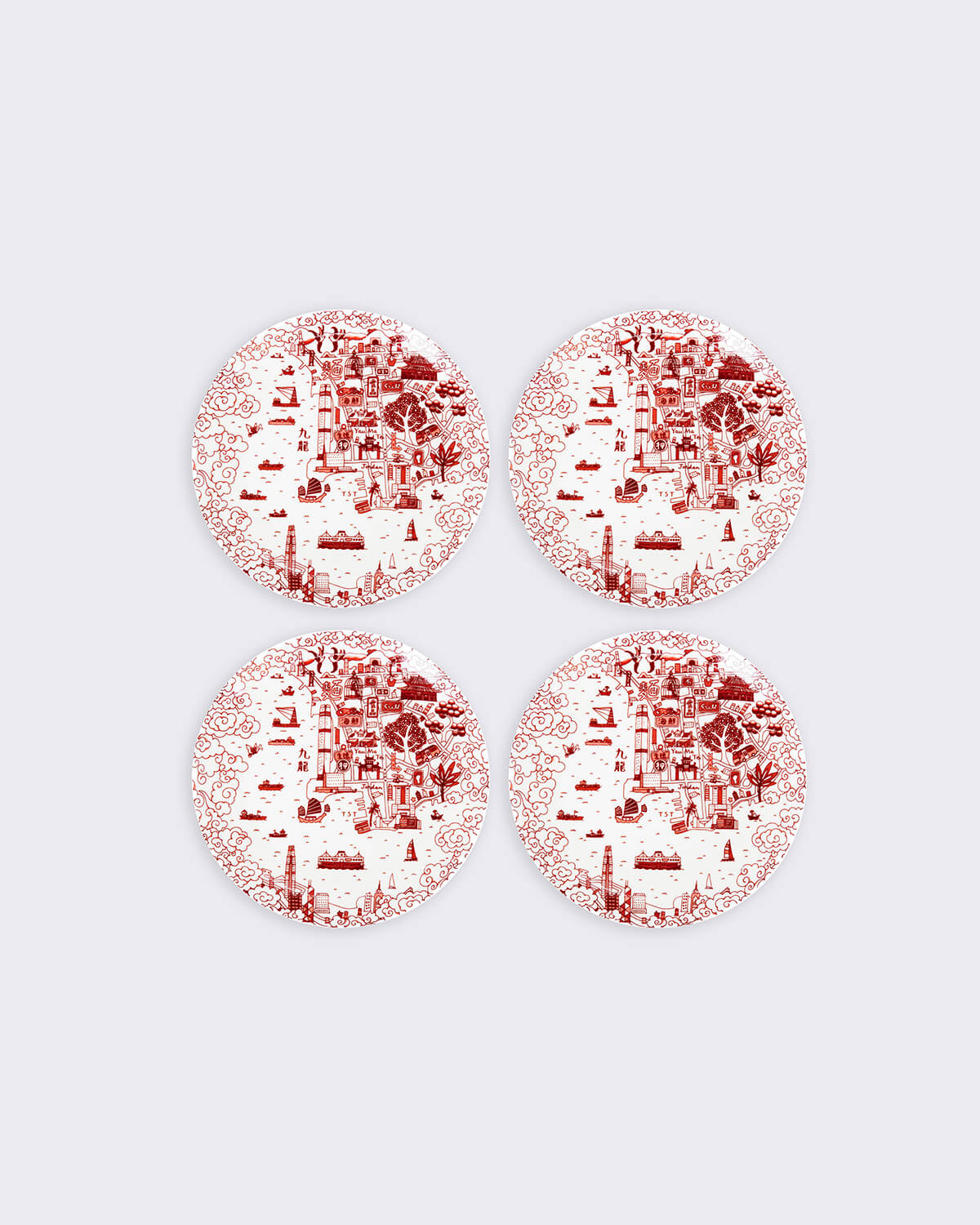 Faux - 九龍傳統圖案（Willow）10.5寸餐碟（一套4件）- 紅色